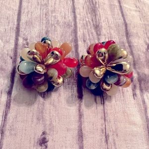 Vintage Colorful Beaded Cluster Clip On Earrings Antique Costume Jewelry